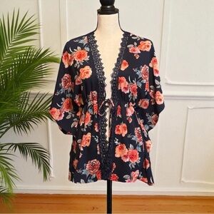 🌺 MILEY + MOLLY Navy Floral Kimono Tie-Front Cardigan – Medium